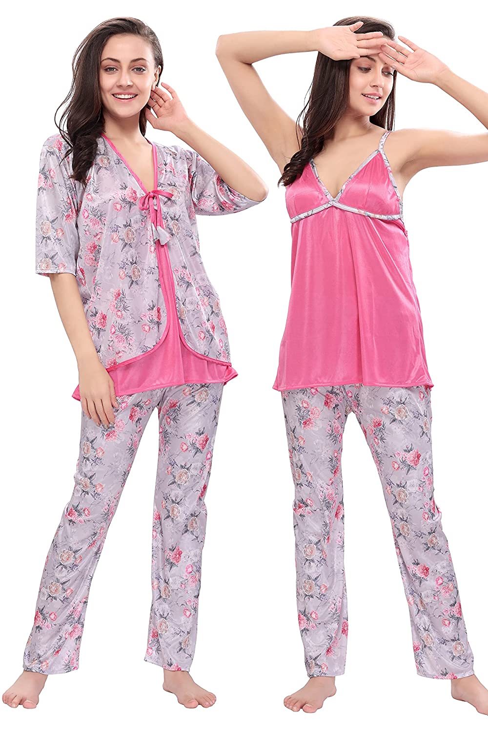 Style Dunes Printed Night Suit for Women - Digital Print Satin Top and Pyjama Set with Robe (3 Piece Set) - Wowxop