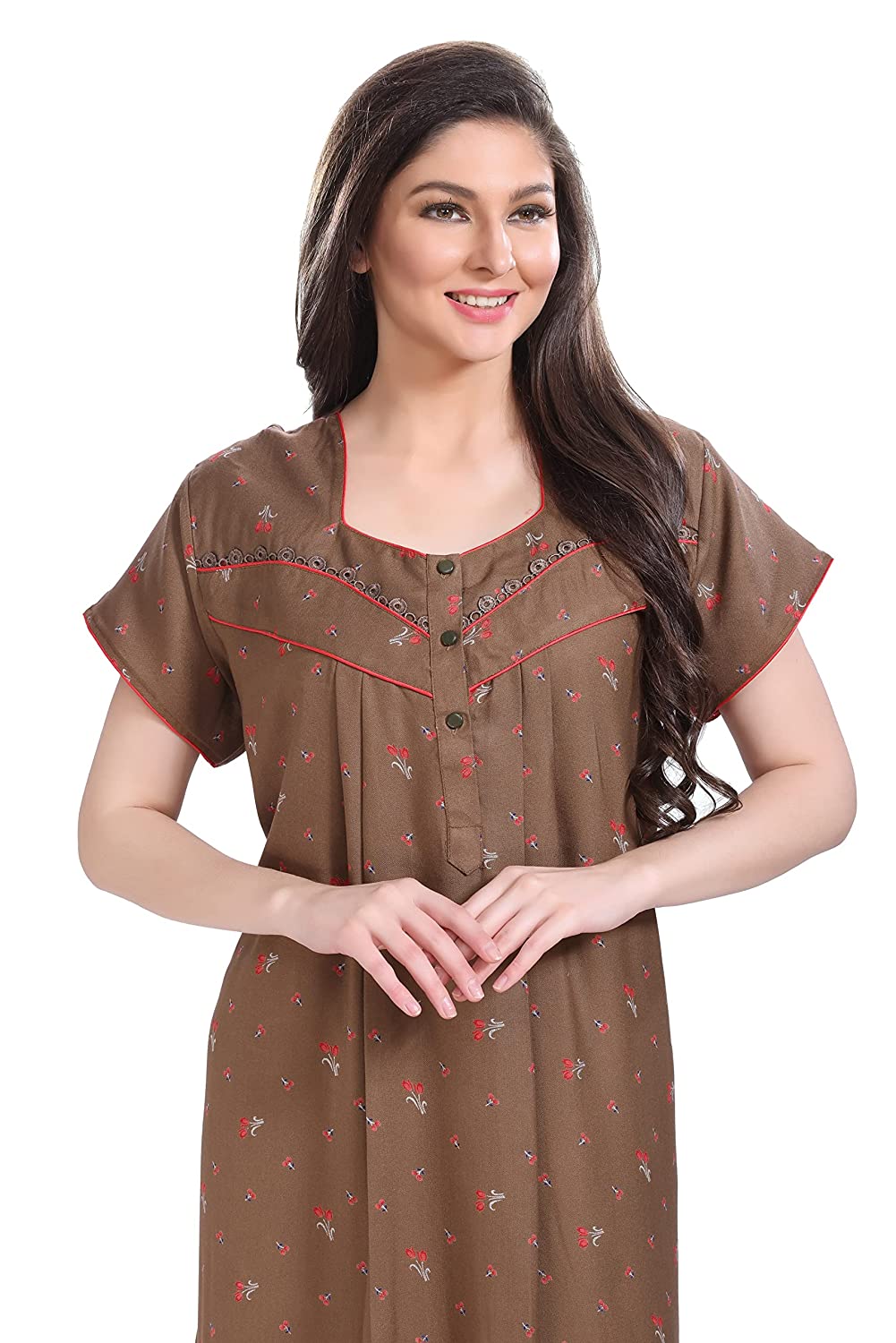 Buy Elady Women's Soft Hosiery Cotton Maxi Round Neck Front Button Full  Length Nightwear Gown Nighty Sleepwear for Ladies Super Soft Comfortable  Design. Free Size Brown at Amazon.in