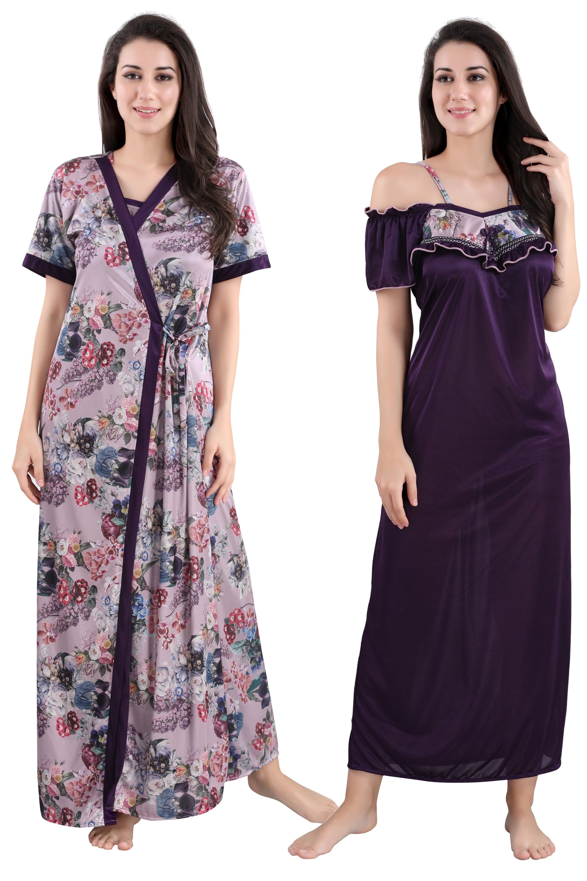 Style Dunes Women's Stylish Digital Print Satin Night Dress with Robe 2 Piece Nightwear Set - Free Size Nighty - Wowxop