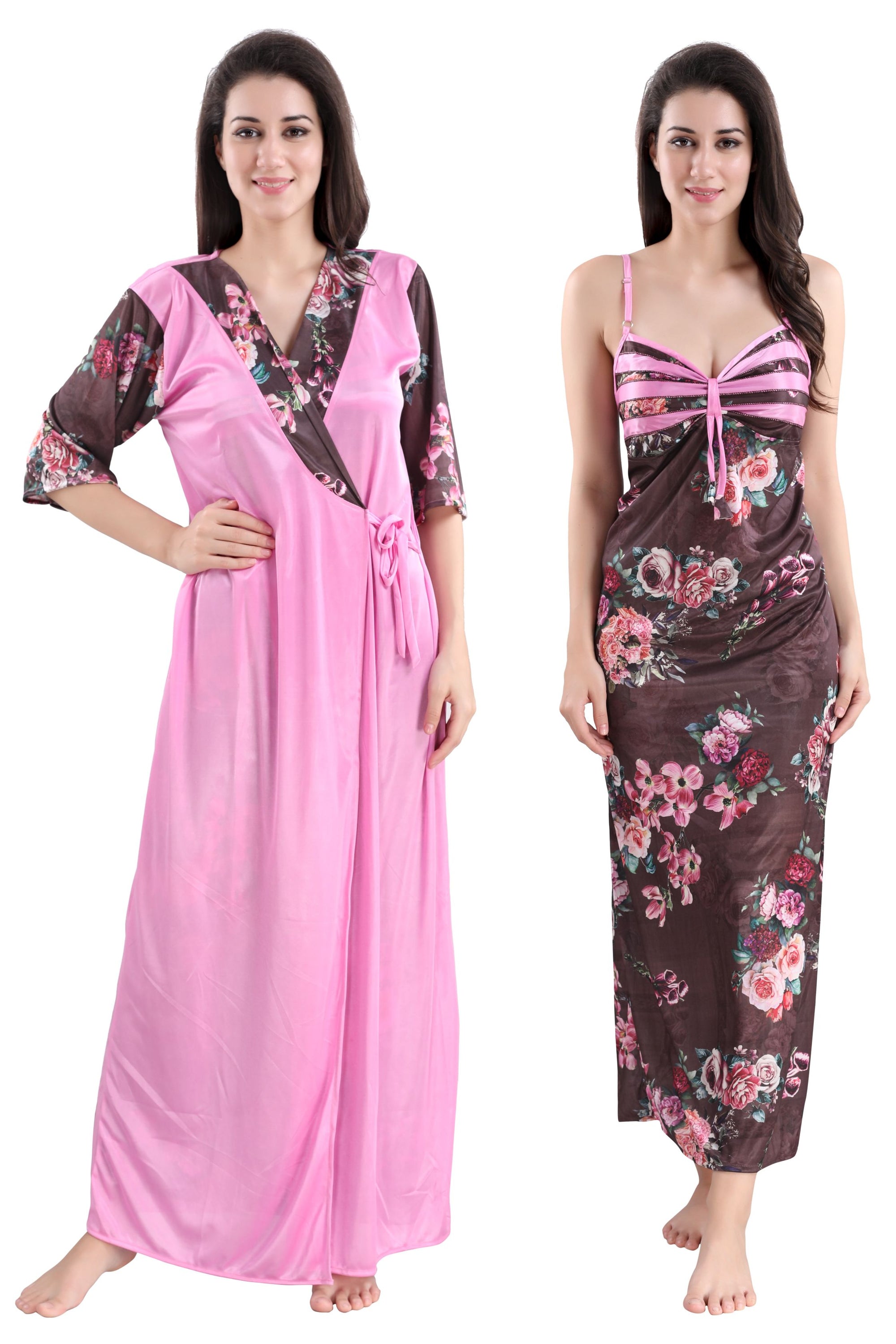 Style Dunes Women's Stylish Digital Print Satin Night Dress with Robe 2 Piece Nightwear Set - Free Size Nighty - Wowxop