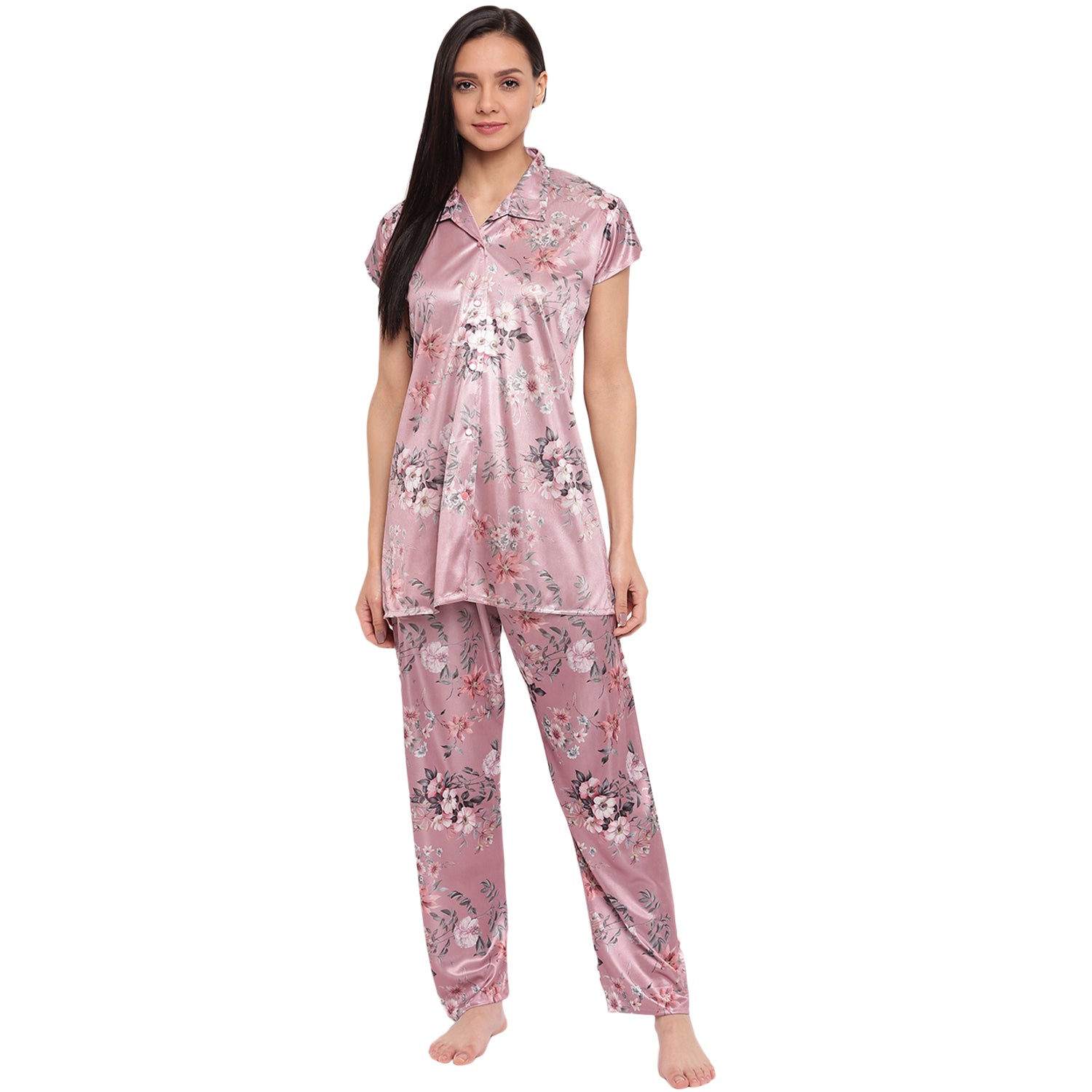 Style Dunes Digital Print Night Suit for Women - Digital Print Satin Shirt and Pyjama Set (Front Open Collar Night Suit) - Wowxop