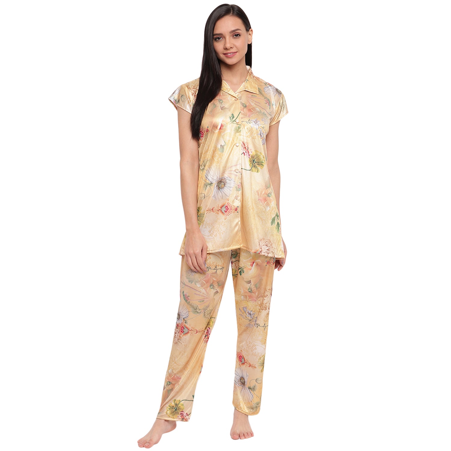 Style Dunes Digital Print Night Suit for Women - Digital Print Satin Shirt and Pyjama Set (Front Open Collar Night Suit) - Wowxop