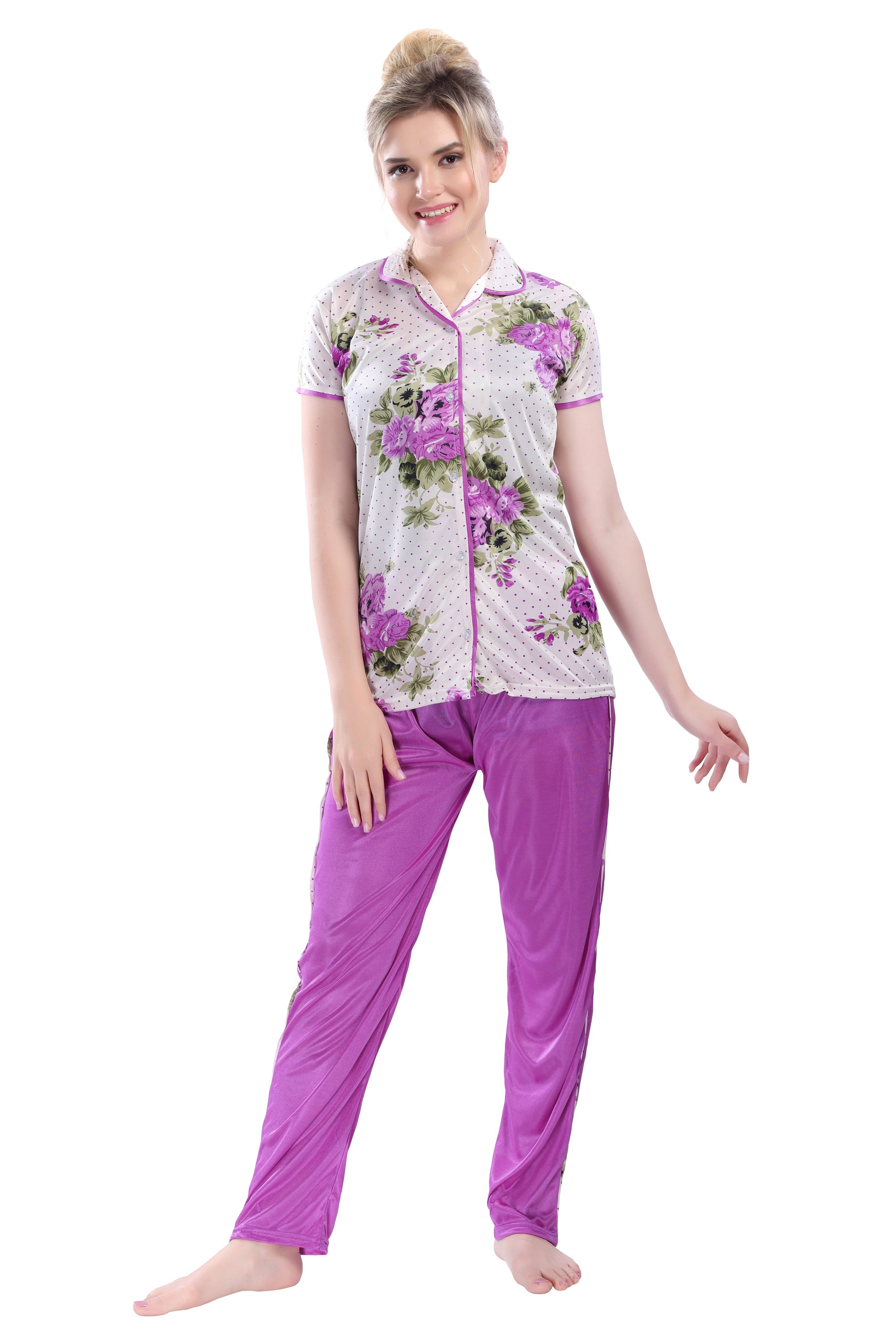 Style Dunes Printed Night Suit for Women - Flower Print Satin Shirt and Pyjama Set (Front Open Collar Night Suit) - Wowxop