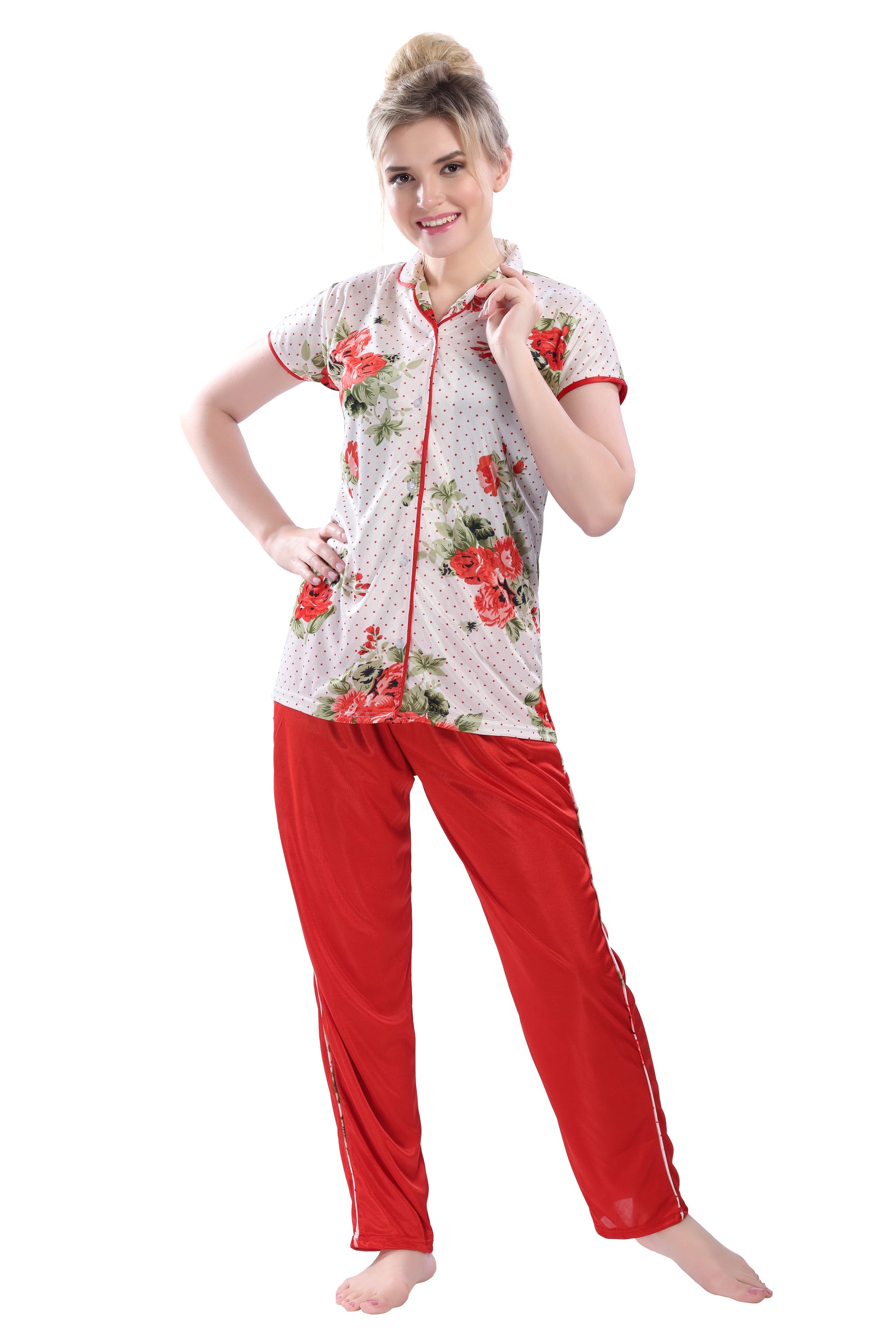 Style Dunes Printed Night Suit for Women - Flower Print Satin Shirt and Pyjama Set (Front Open Collar Night Suit) - Wowxop