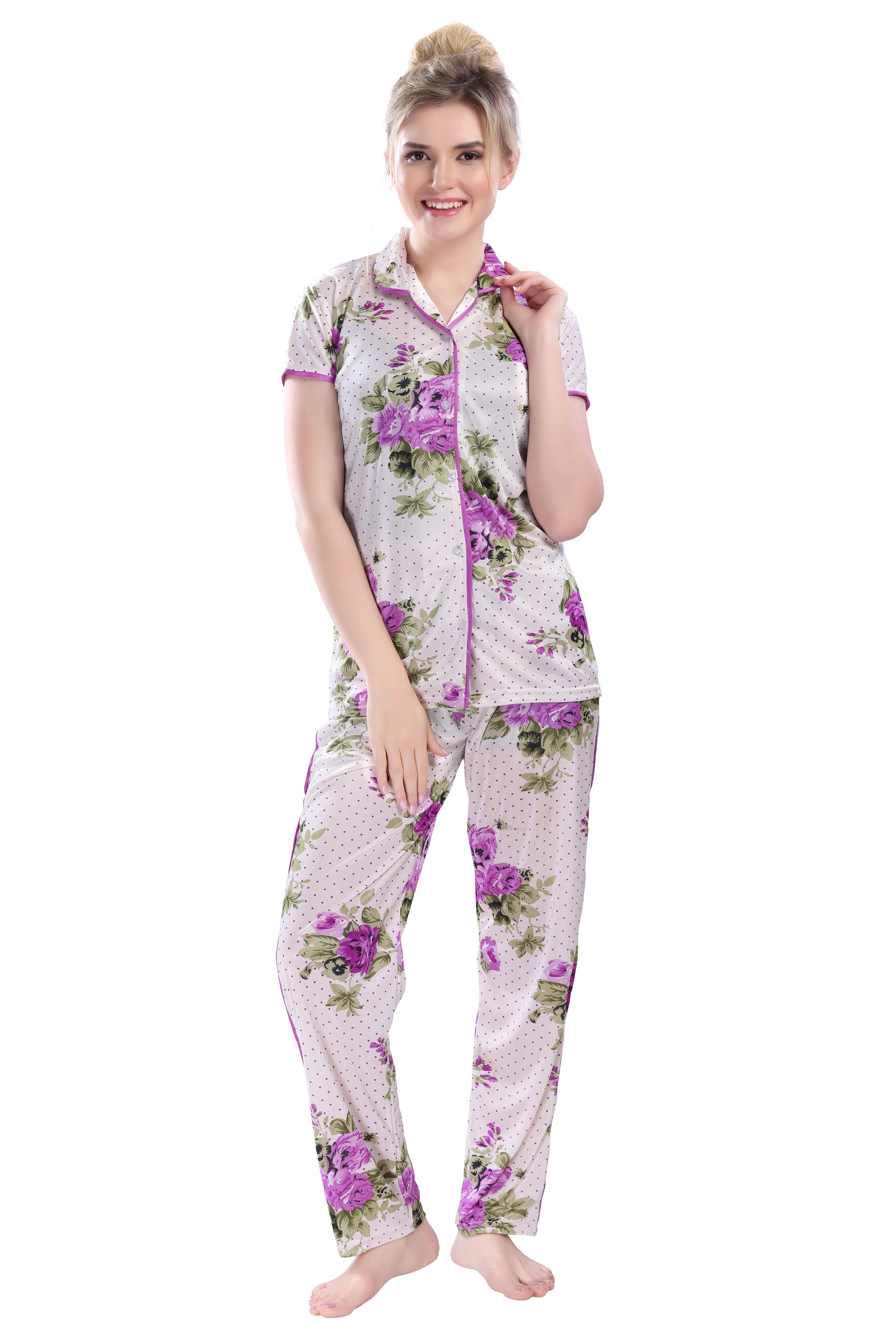Style Dunes Printed Night Suit for Women - Floral Print Satin Shirt and Pyjama Set (Front Open Collar Night Suit) - Wowxop