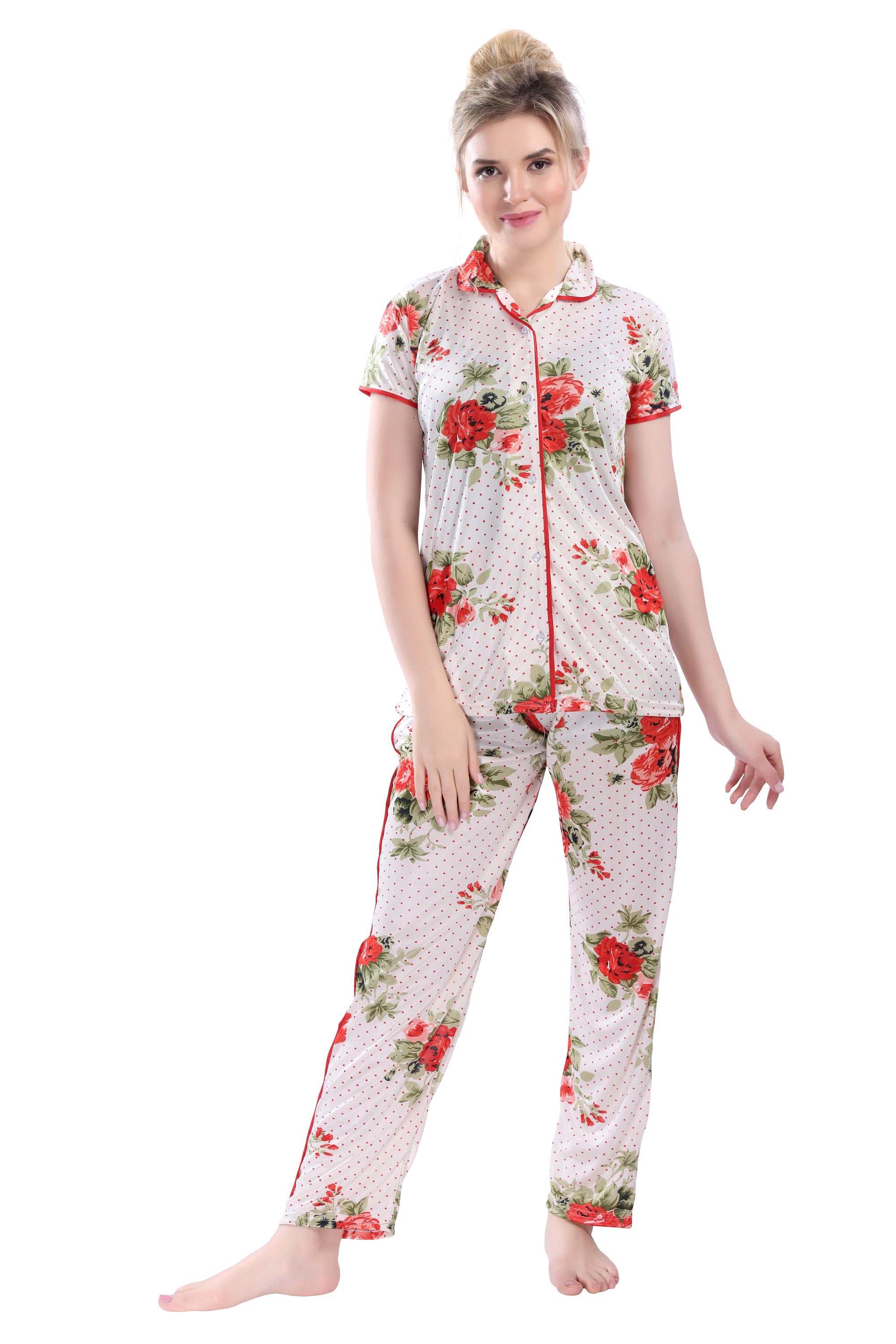 Style Dunes Printed Night Suit for Women - Floral Print Satin Shirt and Pyjama Set (Front Open Collar Night Suit) - Wowxop