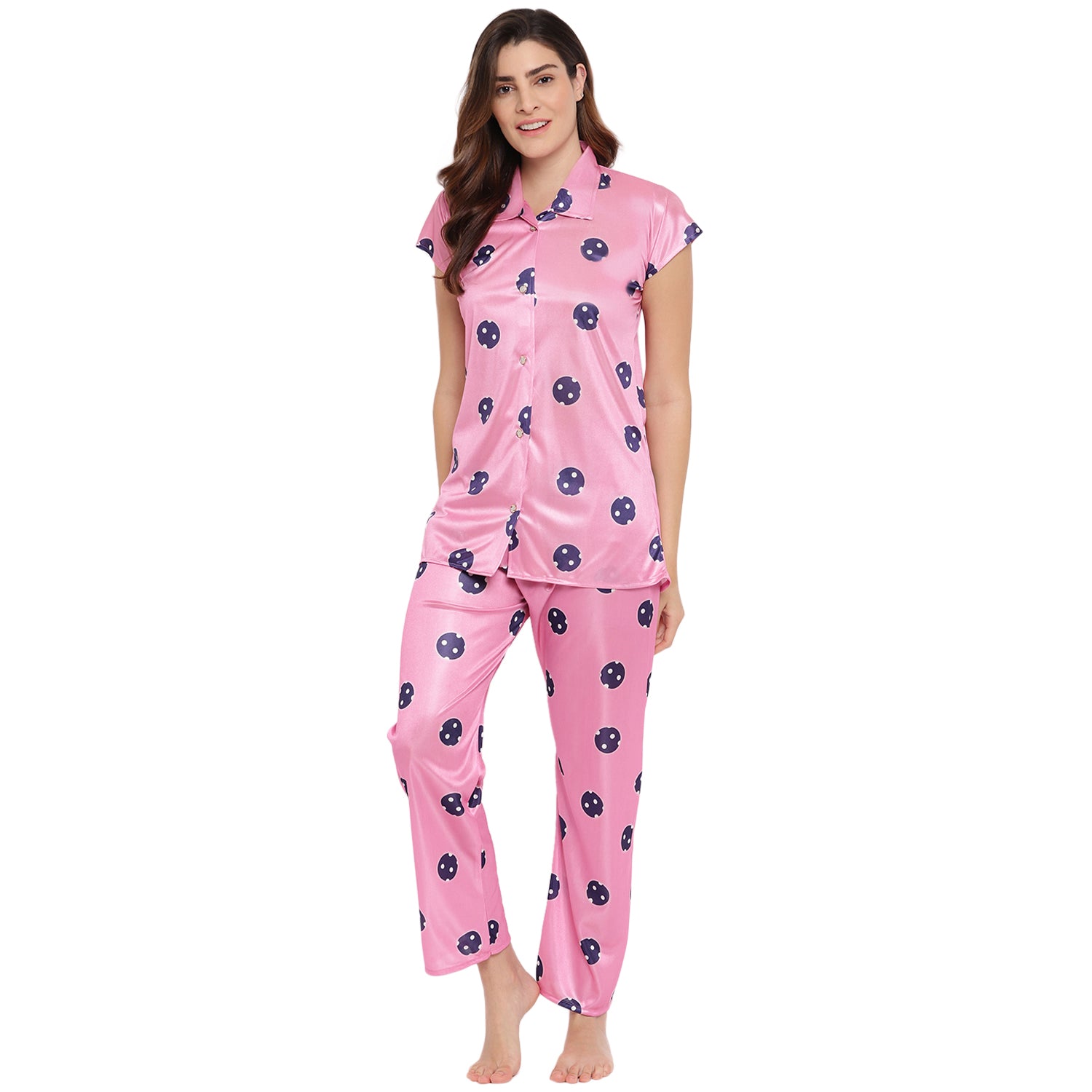 Style Dunes Printed Night Suit for Women - Printed Satin Shirt and Pyjama Set (Front Open Collar Night Suit) - Wowxop