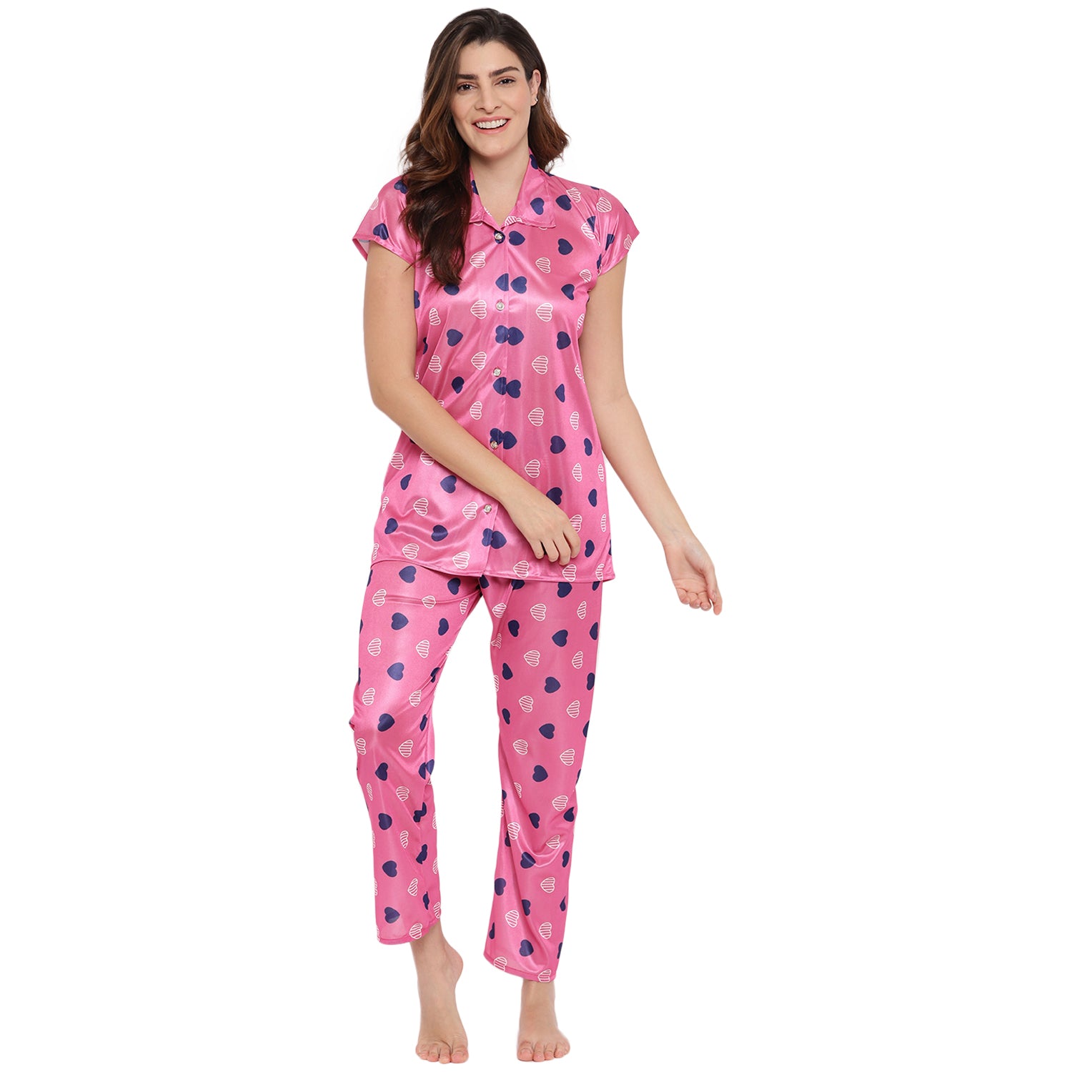 Style Dunes Printed Night Suit for Women - Printed Satin Shirt and Pyjama Set (Front Open Collar Night Suit) - Wowxop